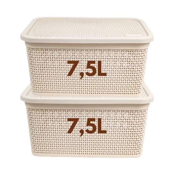 Kit 2 Cestos Caixa Organizadora Rattan 7,5 Litros com Tampa Alças Laterais