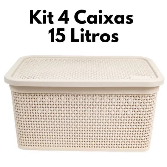 Jogo 4 Caixas Organizadoras 15 Litros Caixa Multiuso Rattan com Tampa Cesto Organizador Alça Lateral