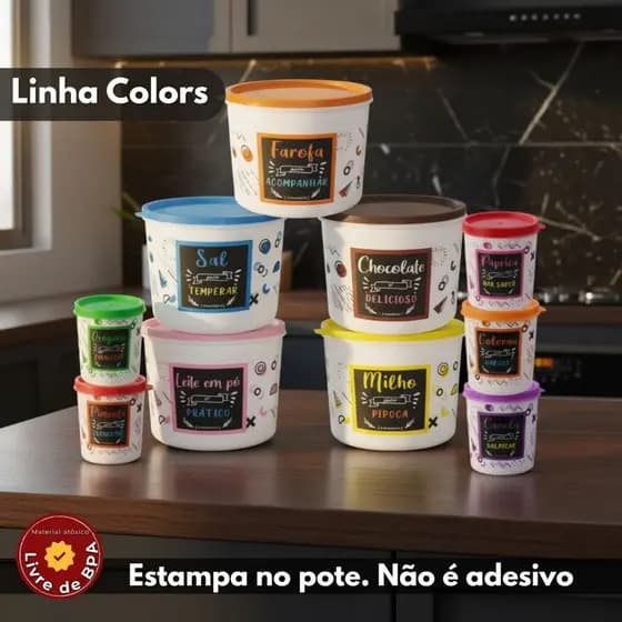 Kit 10 Pote Plastico Mantimento Tapuer Hermetico Jogo de Cozinha Impressao Label