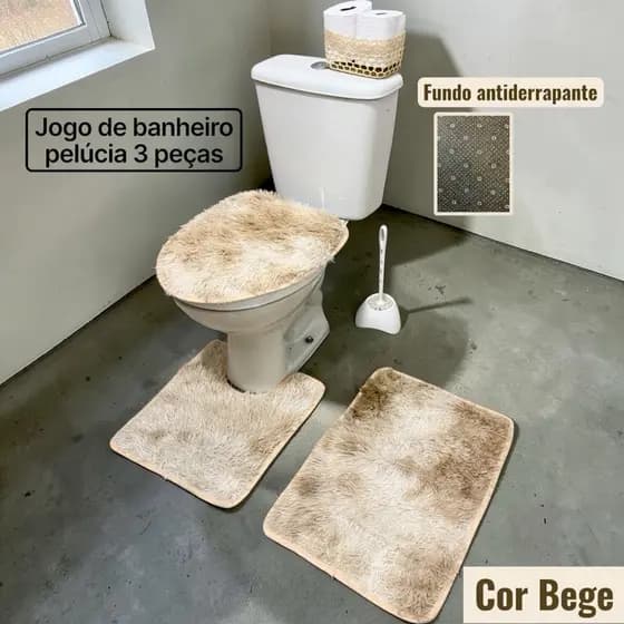 Jogo de Banheiro Pelúcia 3 Peças Antiderrapante Capa Vaso + Tapetes Luxo Macio