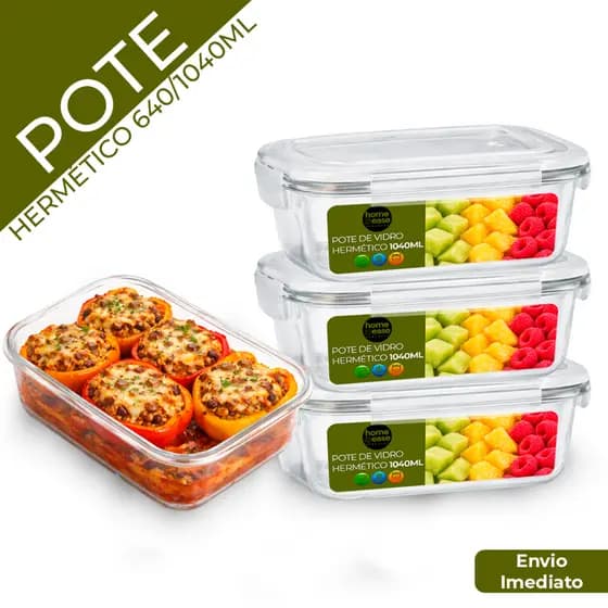Conjunto Potes 640/1040ml Vidro Hermético Marmita Com 4 Travas Fitness