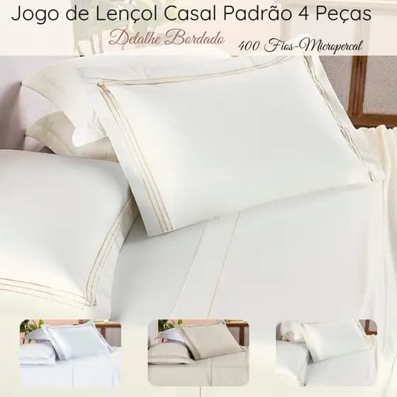 Jogo de Cama Lençol Casal Padrão 400 Fios 4 Peças Detalhe Bordado Lençol de Cima Plano