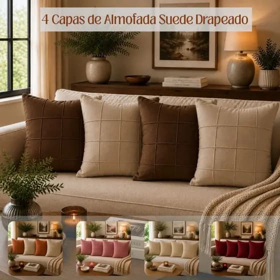 Kit 4 Capas para Almofada Suede Aveludado 45x45cm Drapeada Texturizada Sofá Sala Quarto com Zíper Premium