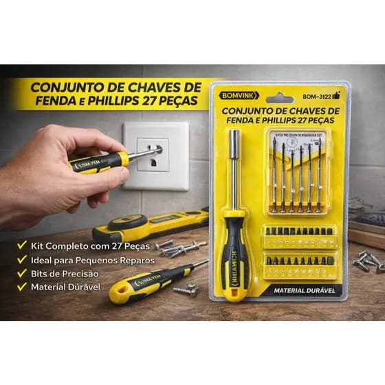 Kit Chaves Fenda e Phillips 27 Peças BOM-3122 Profissional Manutenção Completo