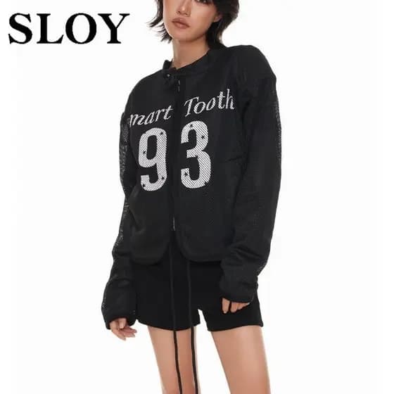 SLOY Estilo Jersey Jaqueta High-End Hot Girl American Letter Impresso Malha Jaqueta Curta Casual Top