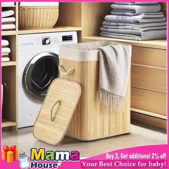 Cesto de Armazenamento em Bambu 50L para Roupa Suja, Cesto Grande com Tecido Forrado, Organizador de Quarto e Banheiro