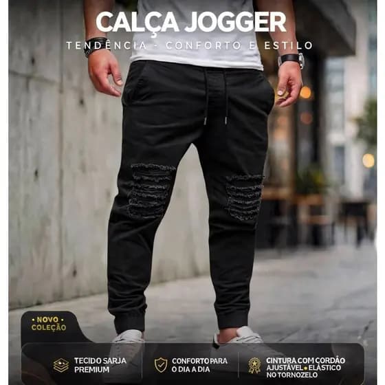 Calça Jogger Preta Rasgada com Punho Elástico e Estilo Slim, Sarja Premium, Moda Masculina