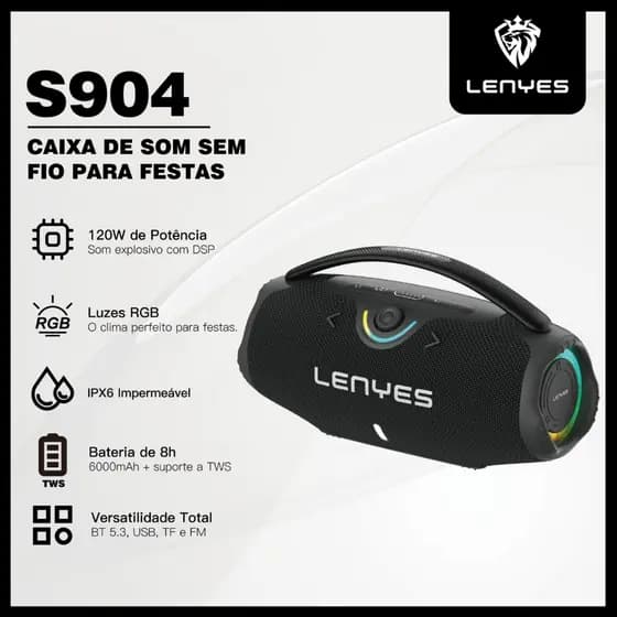 Caixa de Som Bluetooth Potente 120W IPX6 8h Bateria USB FM TWS Lenyes