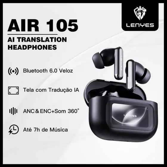 Fone de Ouvido Bluetooth 6.0 ANC, Tela de Tradução IA e 40h de Bateria LENYES