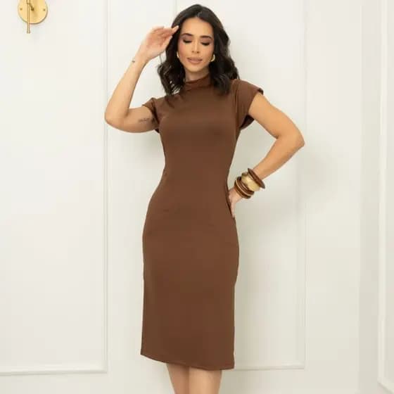 Vestido Feminino Gola Alta Midi Muscle Tee Fenda Bolso Funcional