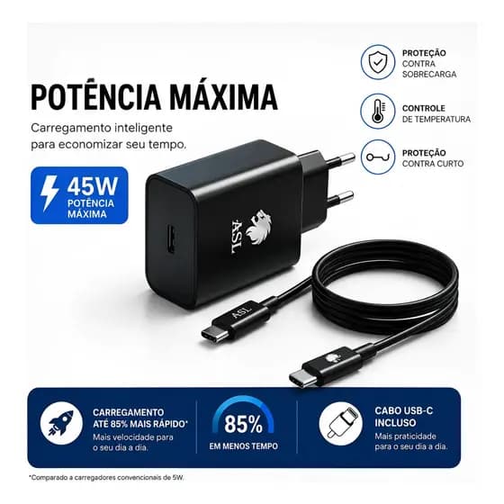 Kit Carregador Turbo Preto 45w Com Cabo Tipo-c A Tipo-c