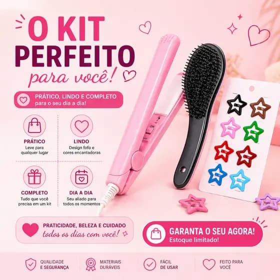 Kit Feminino Completo Chapinha Mini + Escova Desembaraçante + Tic Tac Estrela + Brinde Supresa