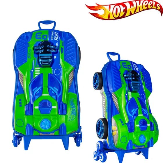 Mala Bolsa de Carrinho Infantil Hot Wheels 3D com Rodinhas Multicolorida Giratórias 360°Mochila