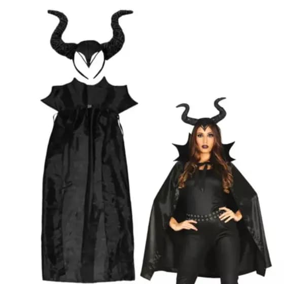 Fantasia Da Malévola 2pçs Adulto Capa E Arco Chifre Carnaval, Halloween, Festa A Fantasia