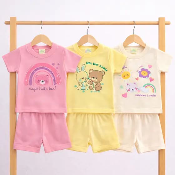 Kit 6 Peças de Roupa de Bebê Menina - 3 Conjuntos de Verão Blusa e Shorts Algodão