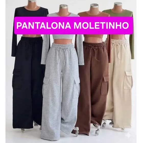 Calça Pantalona Feminina Moletinho Moletom Wide Leg Cintura Alta Cargo Bolsos Confortável Premium