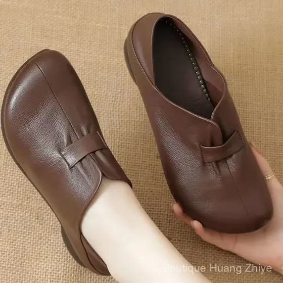 Sapatos Femininos de Veludo Vintage com Bico Único Primavera 2024, Sola Macia, Parte Superior de Couro, Mãe M3DY