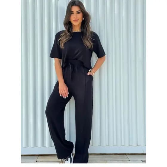 Conjunto Tecido Moletinho Blusa Cropeed E Calça Pantalona Linha Premium