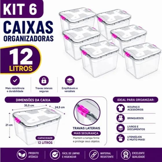 kit 6 Caixas Transparente Organizadoras 12L Cesto Com Travas Brinquedos Ferramentas Roupas Alimentos