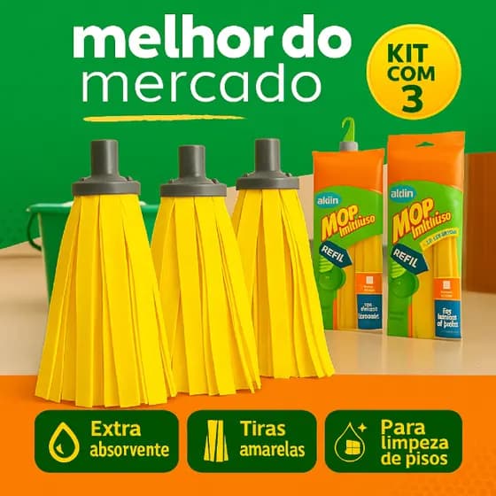Kit 3 Refil De Mop Multiuso Limpeza Tiras Amarela Esfregão Domestico Limpa Secar Absorvente Extra