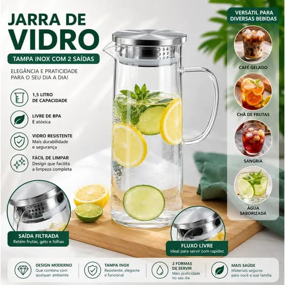 Jarra de Vidro 1,5L Transparente Elegante Premium para Suco e Mesa Posta Sofisticada Tampa De Inox
