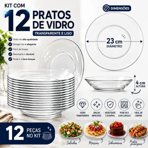 Kit 12 Pratos Fundos de Vidro 23cm Transparentes Resistentes Mesa Posta Elegante Almoço e Jantar