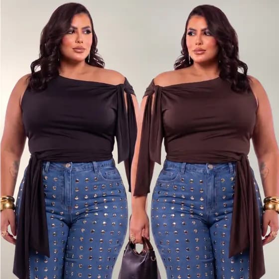 Blusa Plus Size Com Amarrações Laterais Poliamida Premium 100% Dupla Zero Transparência Estilosa Modela o Corpo