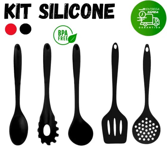 Kit Preto 5 Peças De Silicone Espátula Concha Escumadeira Colher Espátula Vazada Cozinha Restaurante