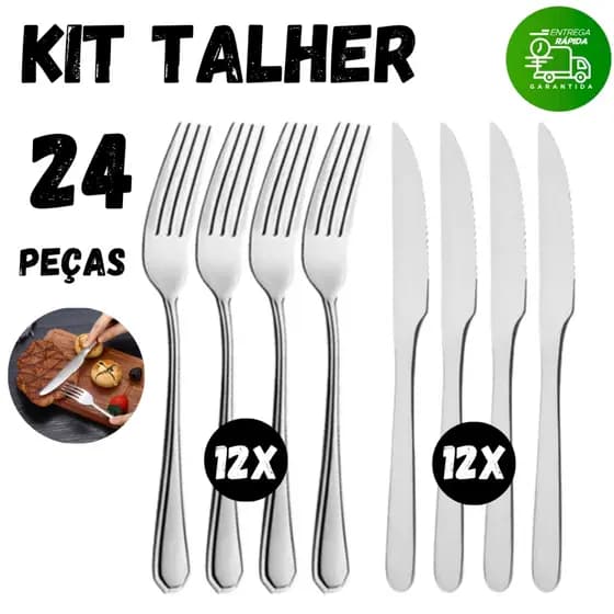 Kit Talheres Aço Inox 12 Garfos e 12 Facas Reforçados para Restaurante Buffet Variáveis Multiuso