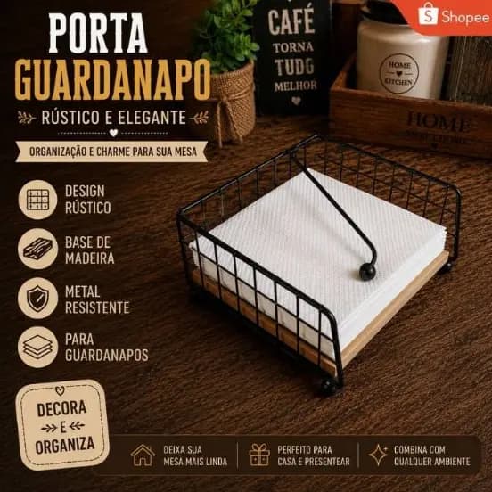Porta Guardanapo de Base em Madeira e Metal Fosco Mesa Posta Rústico Envio Rápido