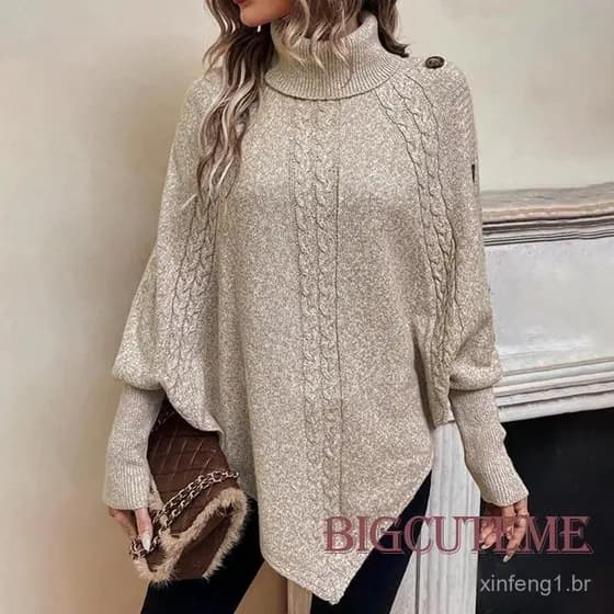 Suéter Poncho Feminino com Manga Morcego, Gola Alta com Trança, Pulôver Casual Oversized de Tricô para Outono e Inverno