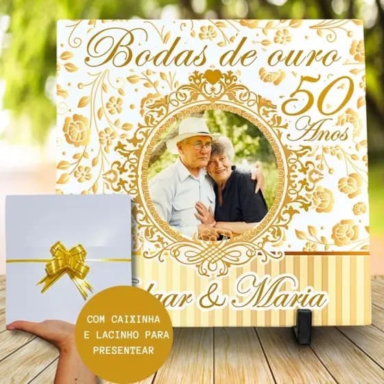 Azulejo Quadro Presente Bodas de ouro com foto 50 Anos Casados