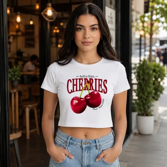 Camiseta Baby Look Feminina Cereja Estampada Algodão Tendencia Premium