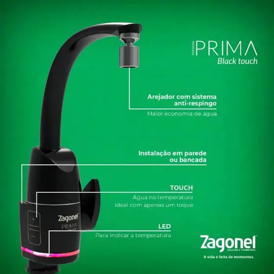 Torneira Elétrica Zagonel Prima Toauch Black Bica Alta Parede Controle Eletrônico 220v
