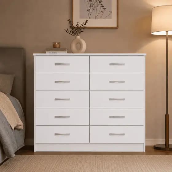 Cômoda 10 Gavetas Grande Gaveteiro Organizador de Roupas p/ Quarto de Casal Marbela Branca Casa Dee