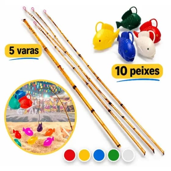 kit 5 varas de bambu +10 peixe para pescaria de festa junina arraiá