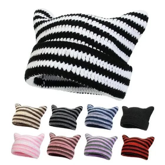 Chapéu De Malha Com Orelha De Gato Fofo – Gorro Harajuku Listras Do Diabo Para Mulheres E Meninas , Moda Urbana De Inver