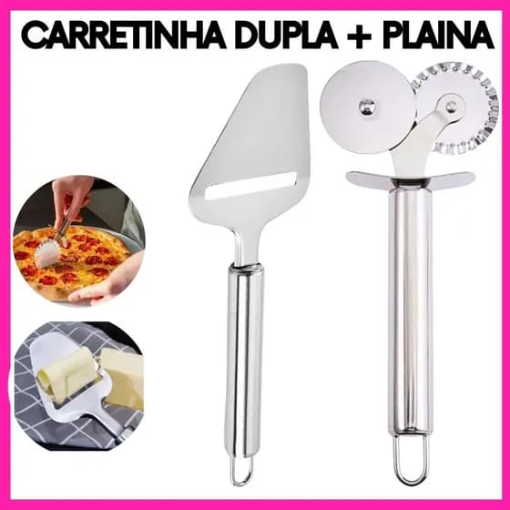 Kit Cozinha Inox 2 Peças – Carretilha Dupla para Massas e Plaina de Queijo Utensílios Profissional