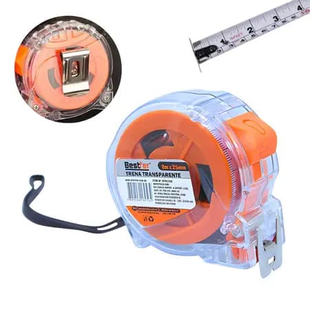Trena Métrica 3 e 5 Metros Transparente Profissional Com Trava, Fita em Aço, Suporte Cinto e Alça, Inquebravel