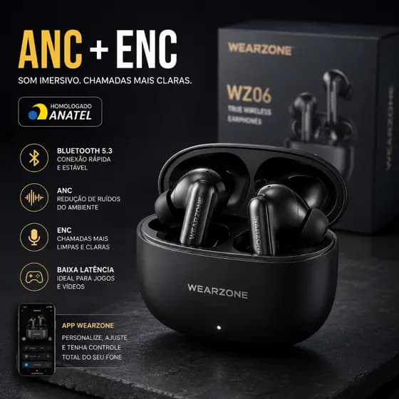 Fone Bluetooth Wearzone WZ06 ANC ENC Bluetooth 5.3 Baixa Latência App Oficial