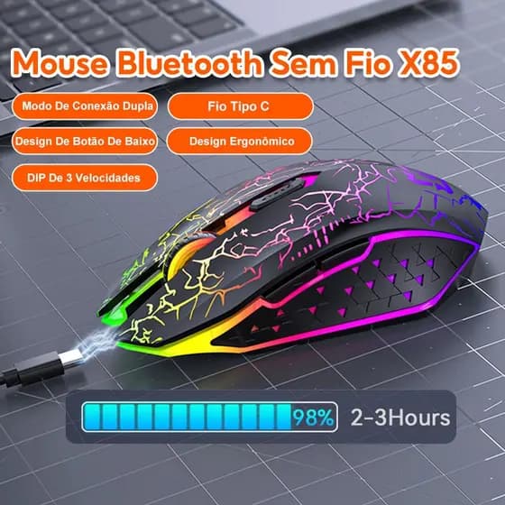 Mouse Gamer Sem Fio X85 Wireless 2.4G 1600DPI Ergonômico para Notebook PC Recarregável Silencioso Computador Mac Windows
