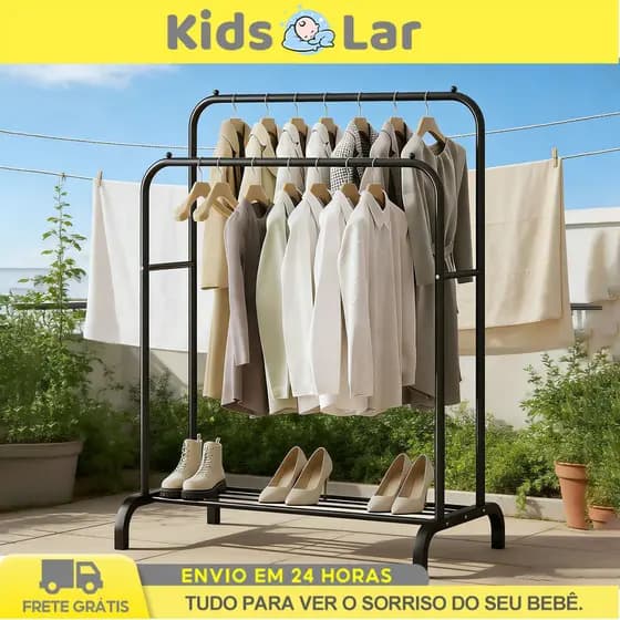 Arara de Roupa Dupla Multiuso Cabideiro de Ferro Reforçado e Secagem Ao Ar Livre com Sapateira Fácil de Montar