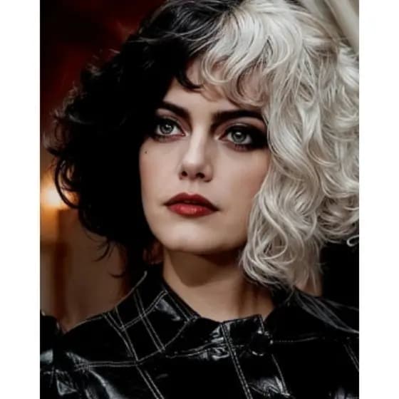 Peruca Temática Cruella de Vil Adulto Preto e Branco Carnaval Halloween Cosplay Festas e Fantasias
