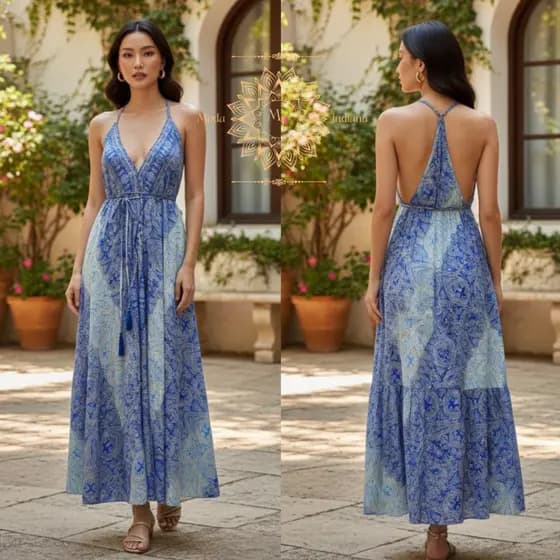Vestido Longo Feminino Estampa Modelo Nadador Indiano com Alças Verão Elegante