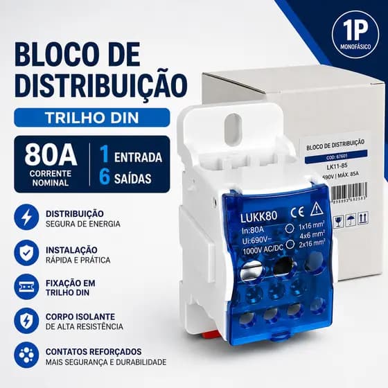 Bloco Distribuição Trilho DIN 80A 1 Entrada 6 Saídas Lukma Borne Distribuição