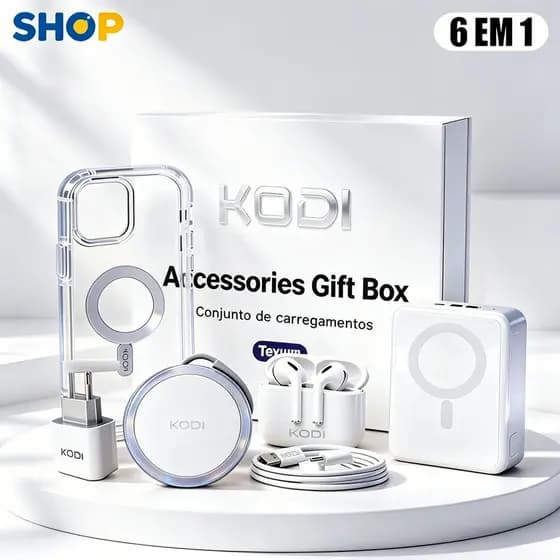 Kit 6 em 1 para iPhone | Carregador Indução MagSafe + Cabo + Fone Bluetooth + Carregador Portátil P2