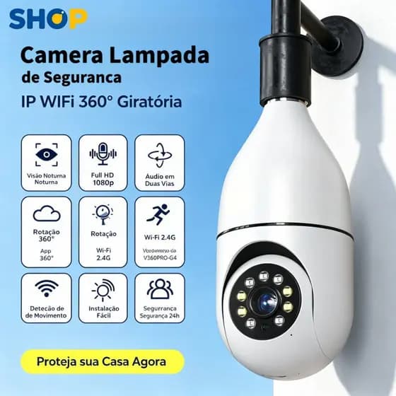 Câmera Segurança Wifi sem fio 360 encaixe lampada Infravermelho Rastreamento Humano full HD G4