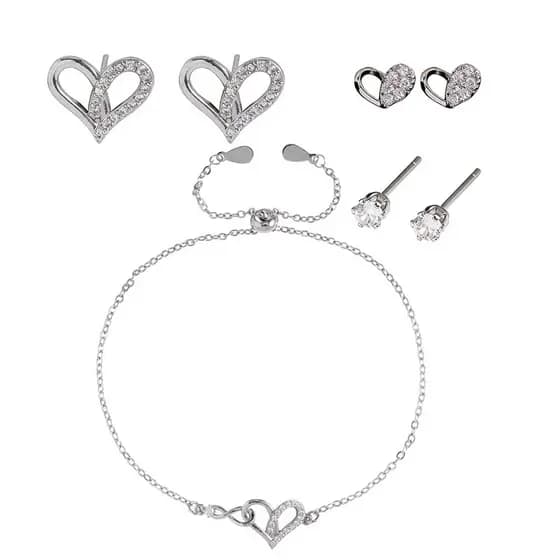 Kit Brincos + Pulseira Banhado A Prata 925 Com Zircônia 23Cm Formato Coração Cravejada Com Zircônia