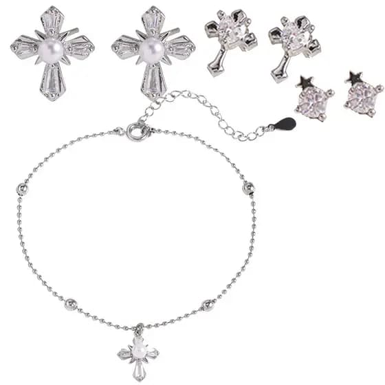 Kit Brincos + Pulseira Folheados A Prata 925 Com Zircônia 23Cm Zircônia Em Formato De Cruz