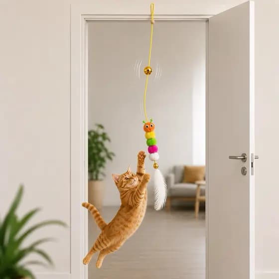 Brinquedo Gato Lagarta com Pena Sino e Corda Pendure na Porta ou Teto Divertido e Antiestresse